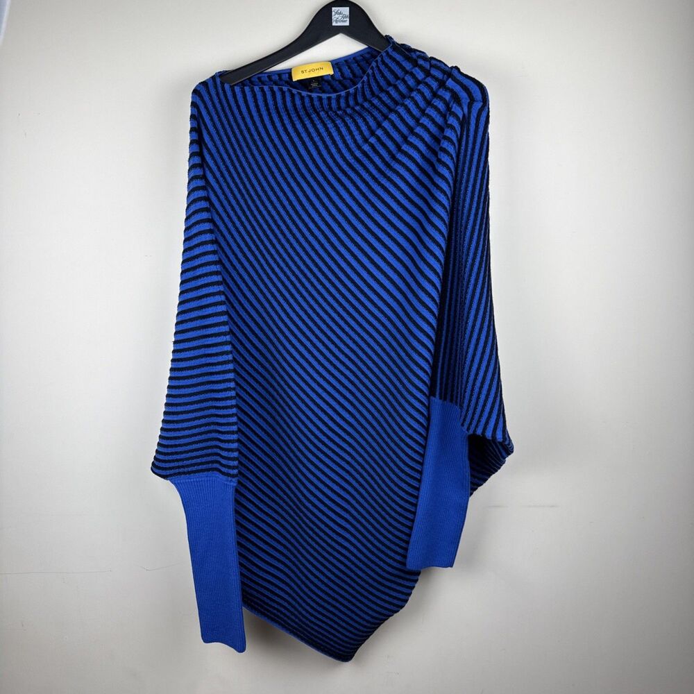 NWT ST JOHN Long Sweater Poncho 100% Wool Regal Blue Black Stripes Ret. $395.00